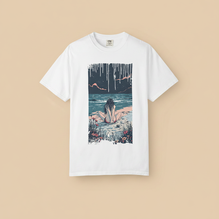 Anime Beach Tee in White — front graphic, warm sand studio background