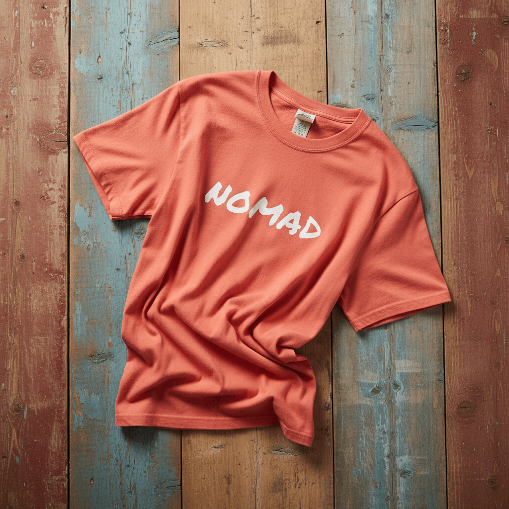 Flatlay - coral NOMAD tee on driftwood
