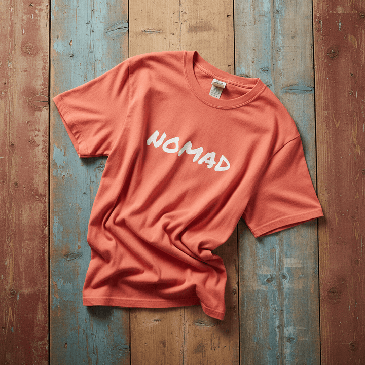 Flatlay - coral NOMAD tee on driftwood