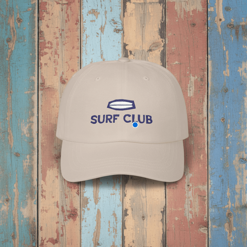Surf Club Embroidered Cap stone on faded driftwood planks