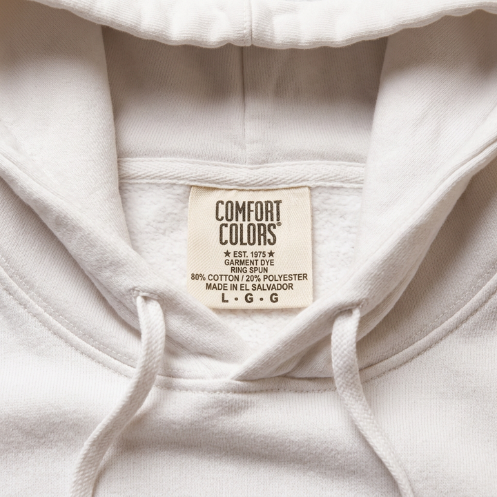 Boston Seaport Fish Market white hoodie neckline stitching and Comfort Colors label detail