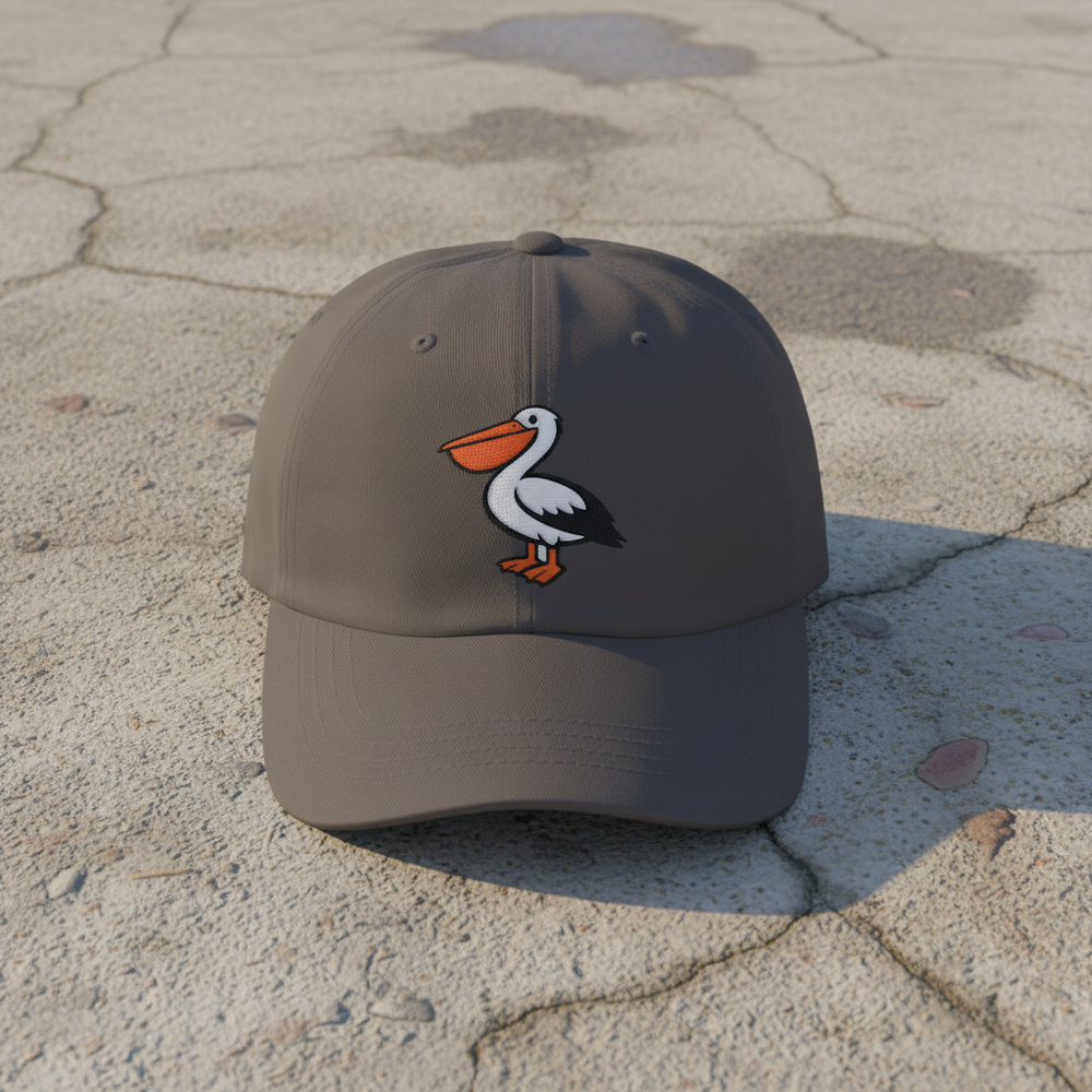 Pelican Beach dark grey dad cap on light cracked cement with wet marks
