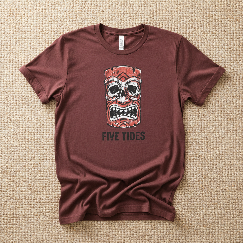 Red Tiki Skull FIVE TIDES surf graphic t-shirt in Brick casually tossed on a light sand-colored woven rug, coastal lifestyle product photo