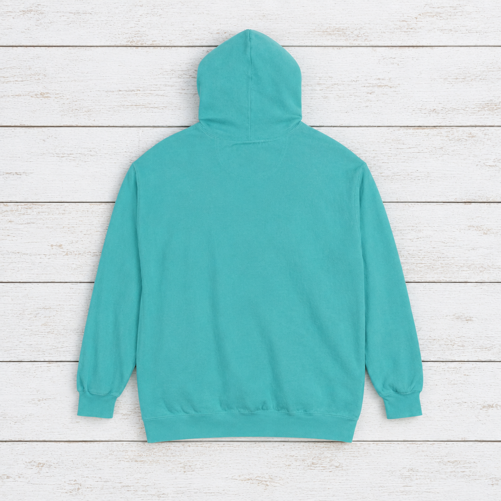 Crabby Cab Co. Grey and Seafoam hoodie flat lay on whitewashed boards