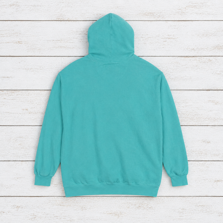 Crabby Cab Co. Grey and Seafoam hoodie flat lay on whitewashed boards
