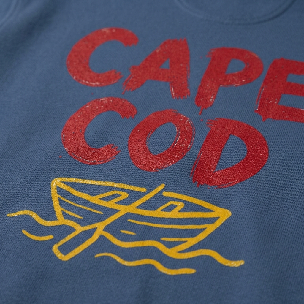 Cape Cod navy hoodie red lettering and yellow rowboat back graphic close-up