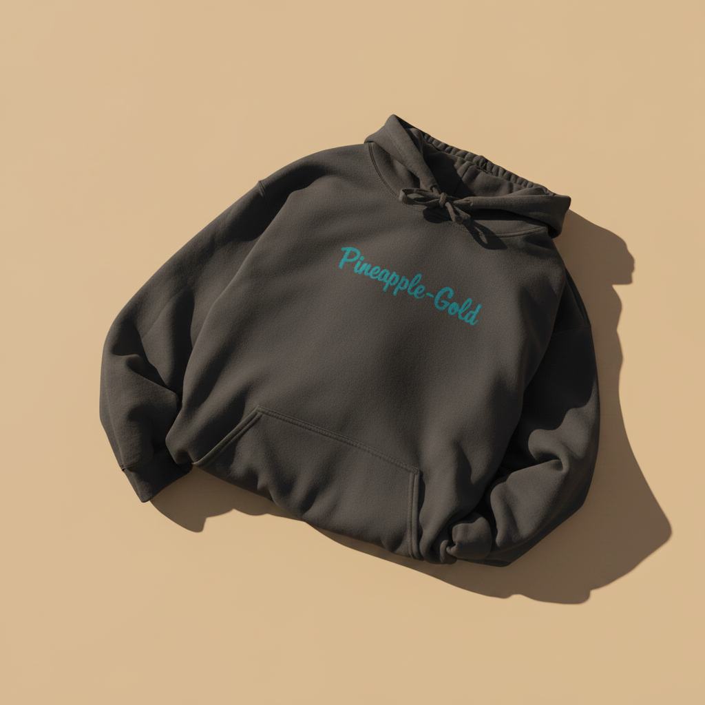 Pineapple-Gold Hoodie in Pepper — front chest graphic, warm sand studio background