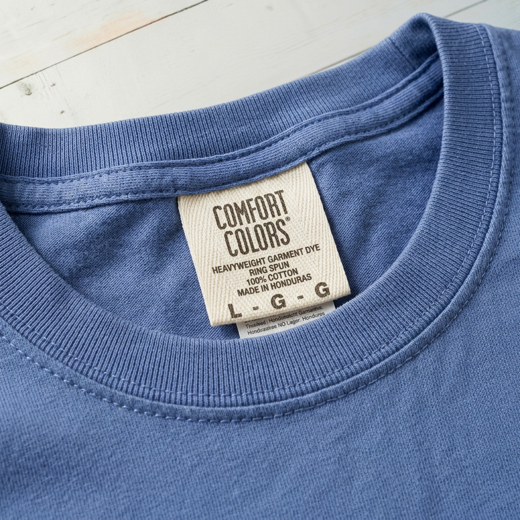 Beach Buoy blue tee collar stitching and Comfort Colors label close-up