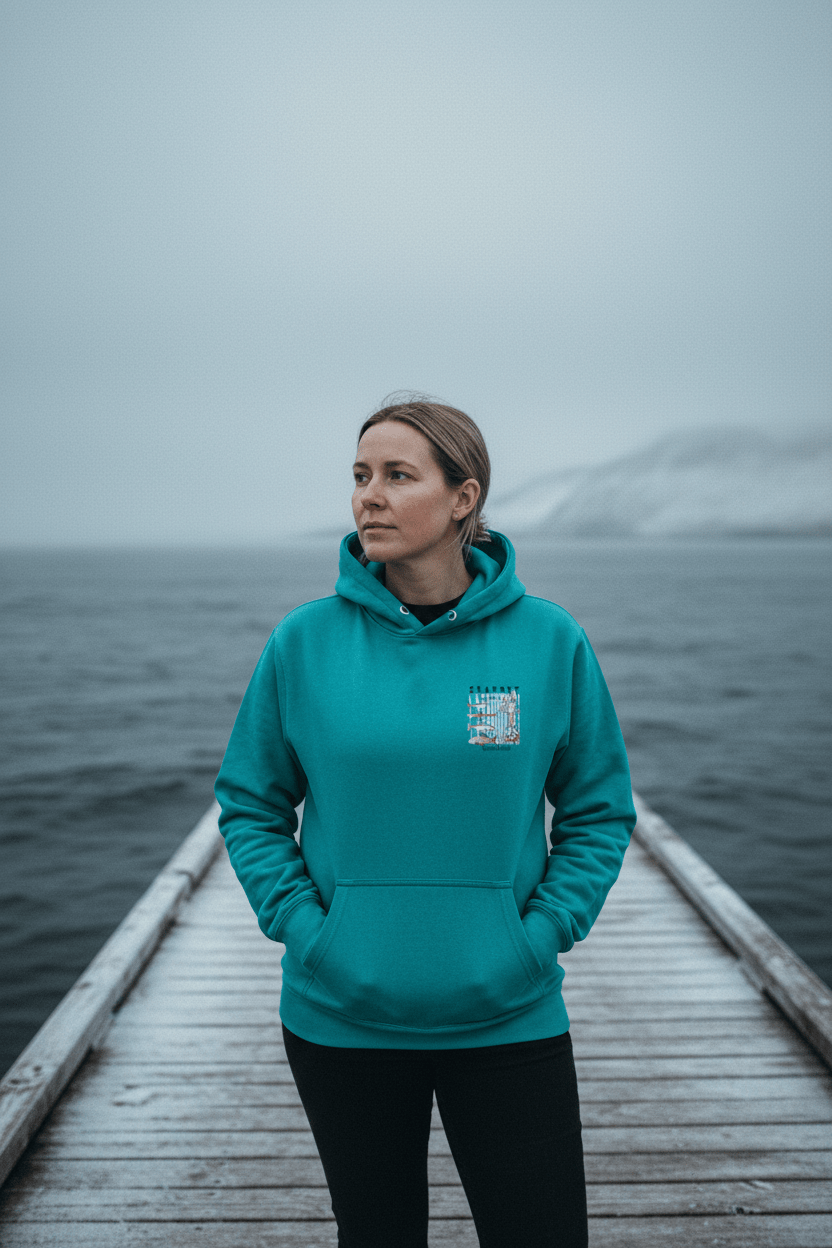 Female model wearing teal Seaport Fish Market Boston hoodie on frost-dusted bleached wood boat dock