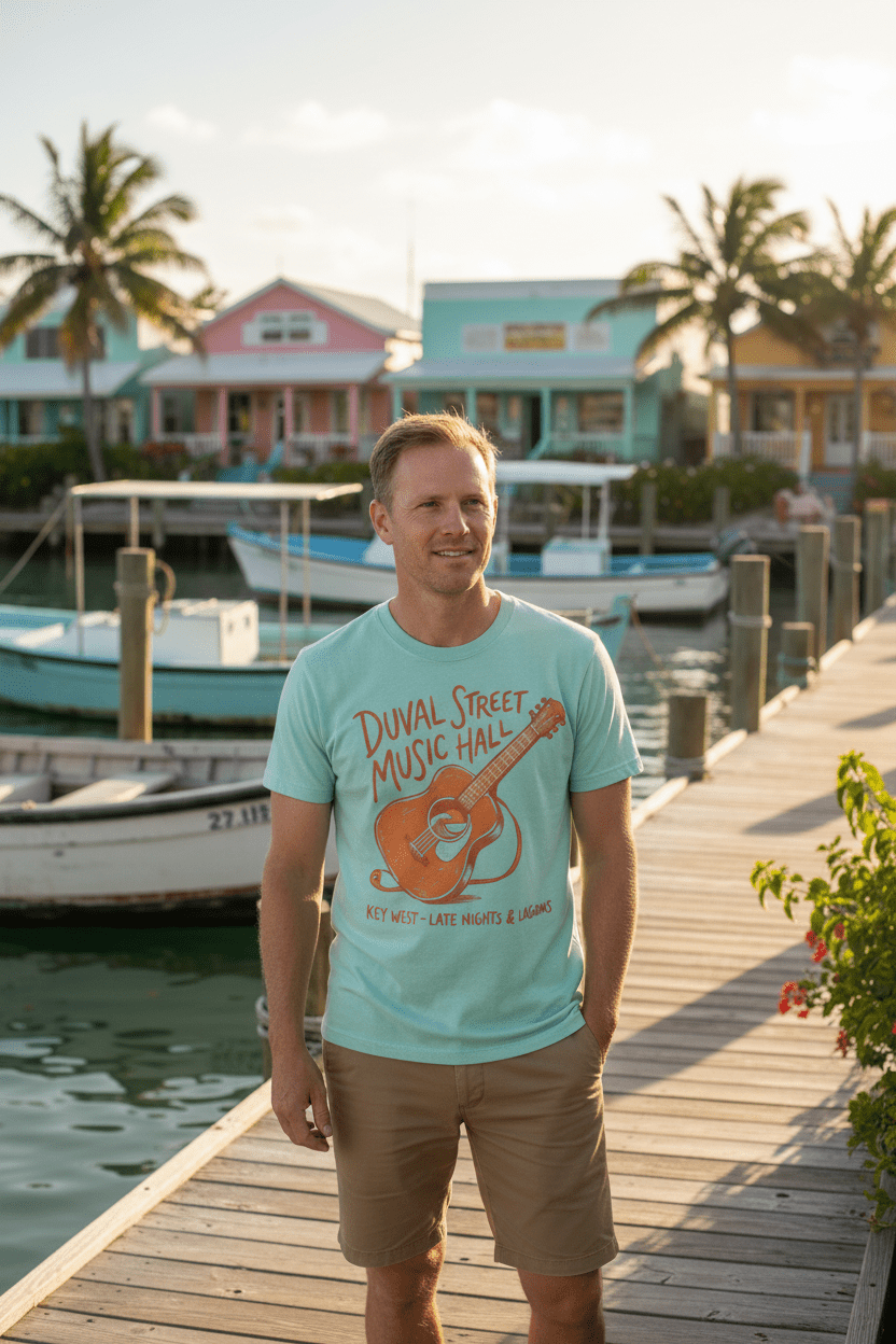 Male model wearing mint Duval Street Music Hall t-shirt on tropical island beach town boat dock