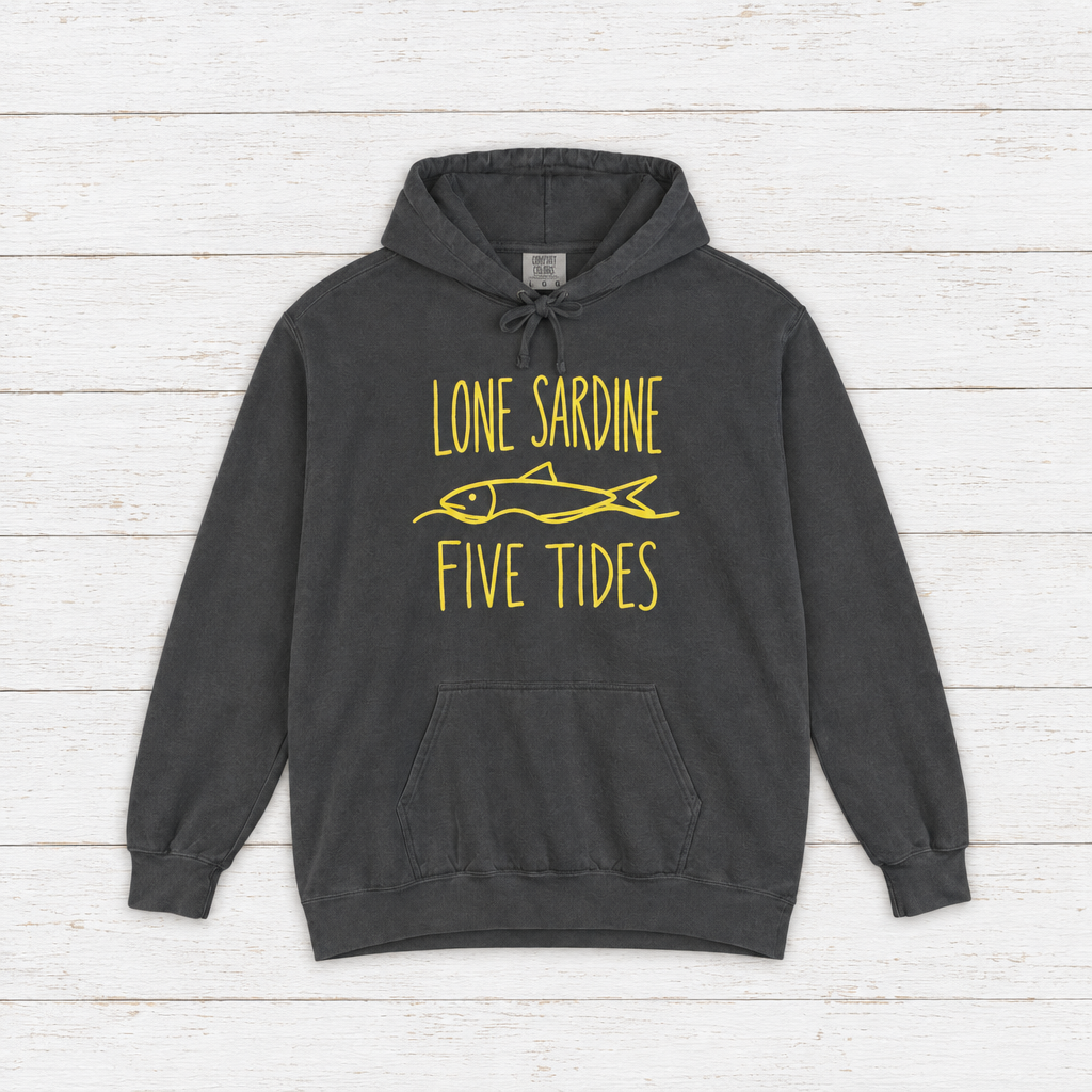 Lone Sardine hoodie flat lay on whitewashed boards