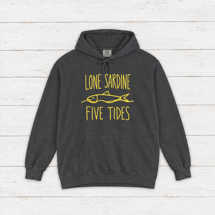 Lone Sardine hoodie flat lay on whitewashed boards