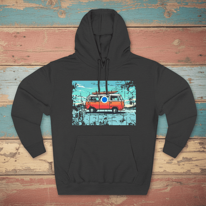 Retro Beach Summer Surf Van Fleece Hoodie black on faded driftwood planks