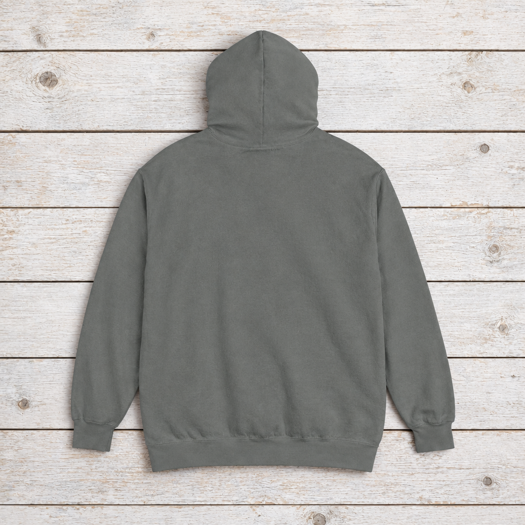 Crabby Cab Co. Grey hoodie back view on whitewashed boards