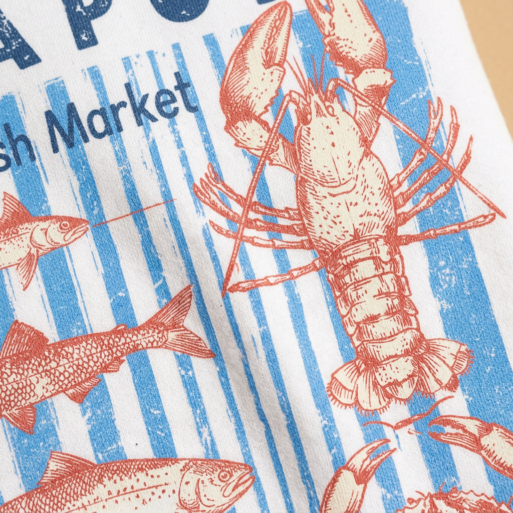 Boston Seaport Fish Market white hoodie lobster and fish graphic close-up