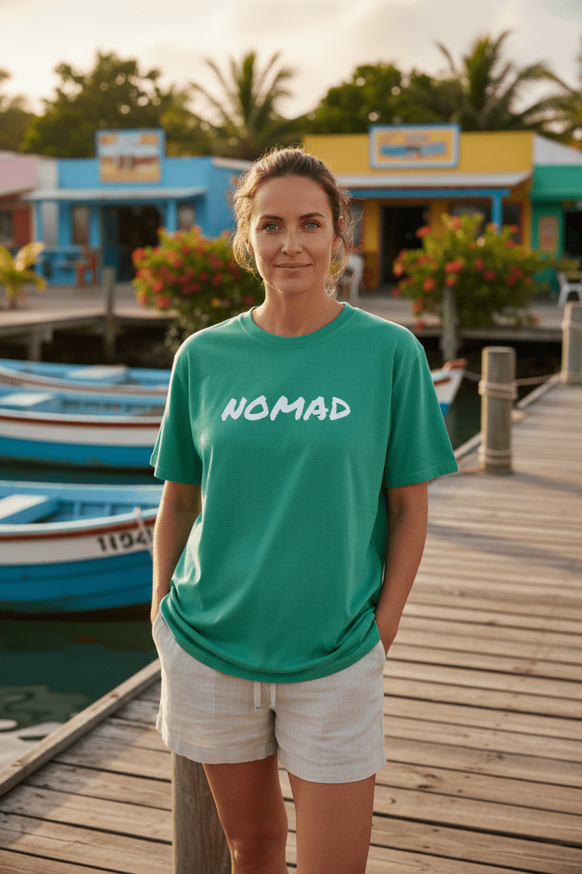 Female lifestyle - green NOMAD tee, tropical island dock