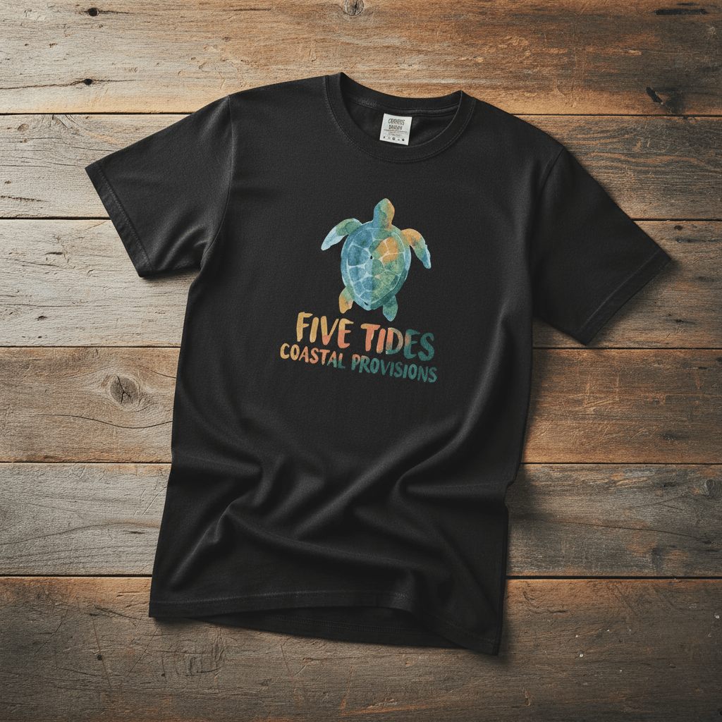 Sea Turtle Coastal black garment-dyed tee casually tousled on rustic reclaimed wood