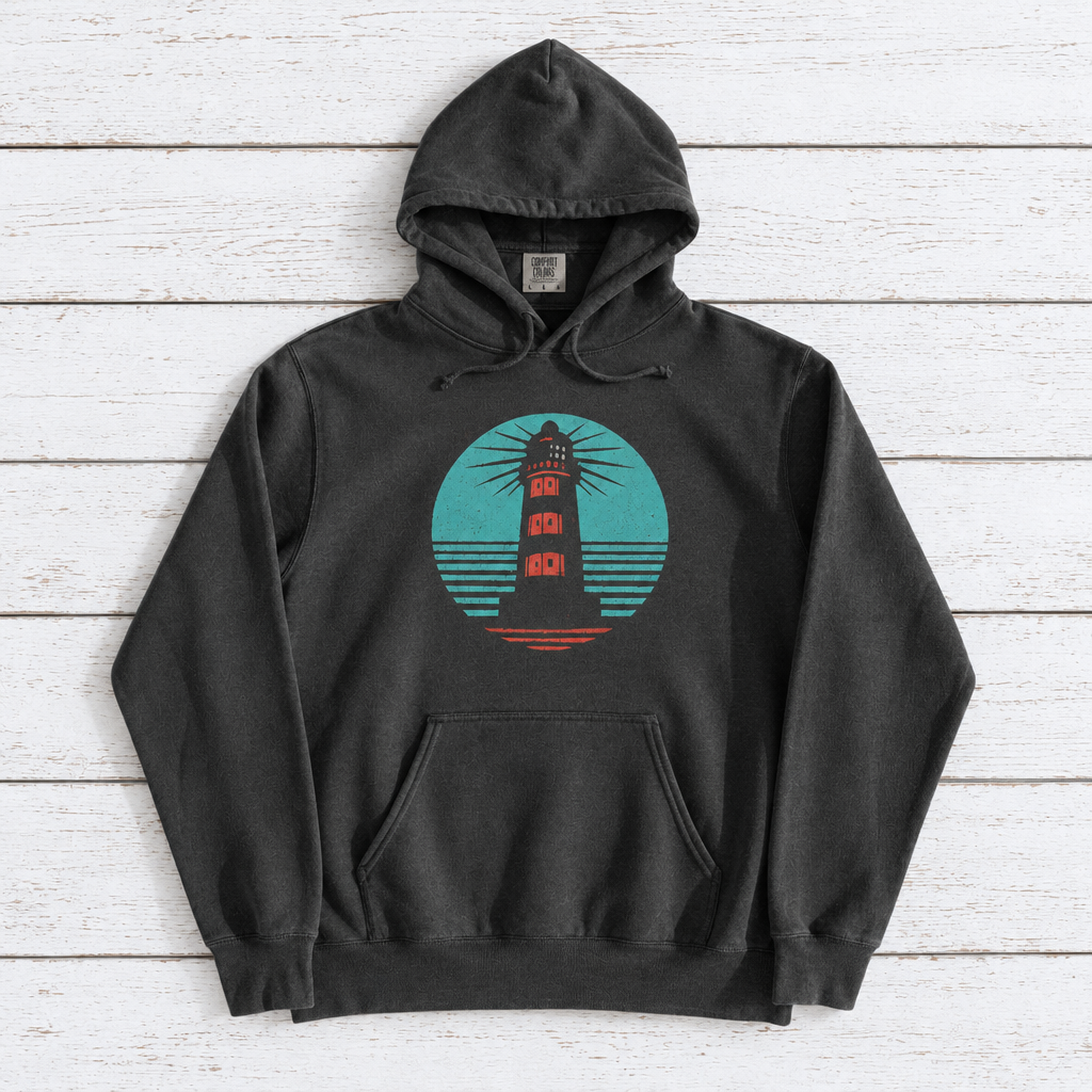 Coastal Lighthouse hoodie flat lay on whitewashed boards