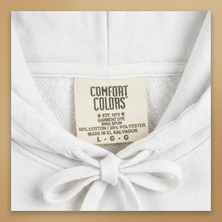 Cape May Dive Bar white hoodie neckline drawcord and Comfort Colors label detail