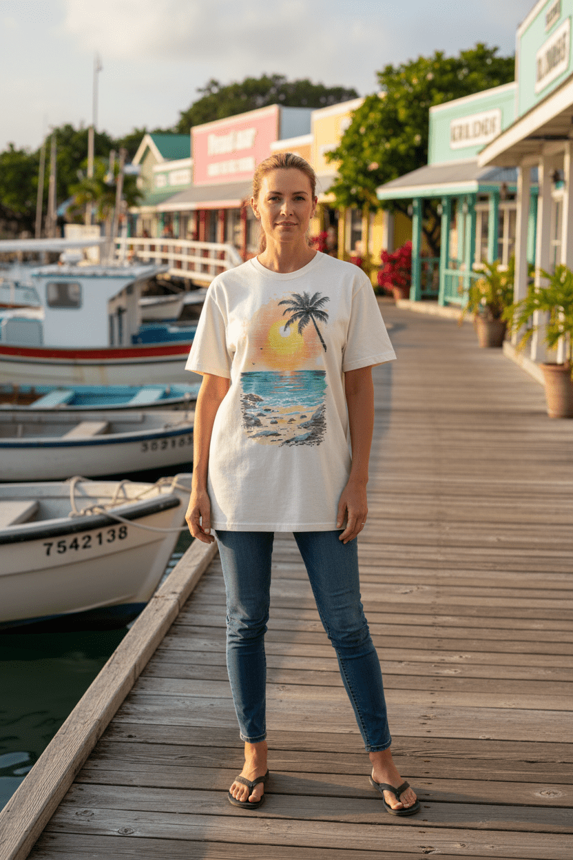 Female lifestyle - Tropical Sunset tee, tropical island dock