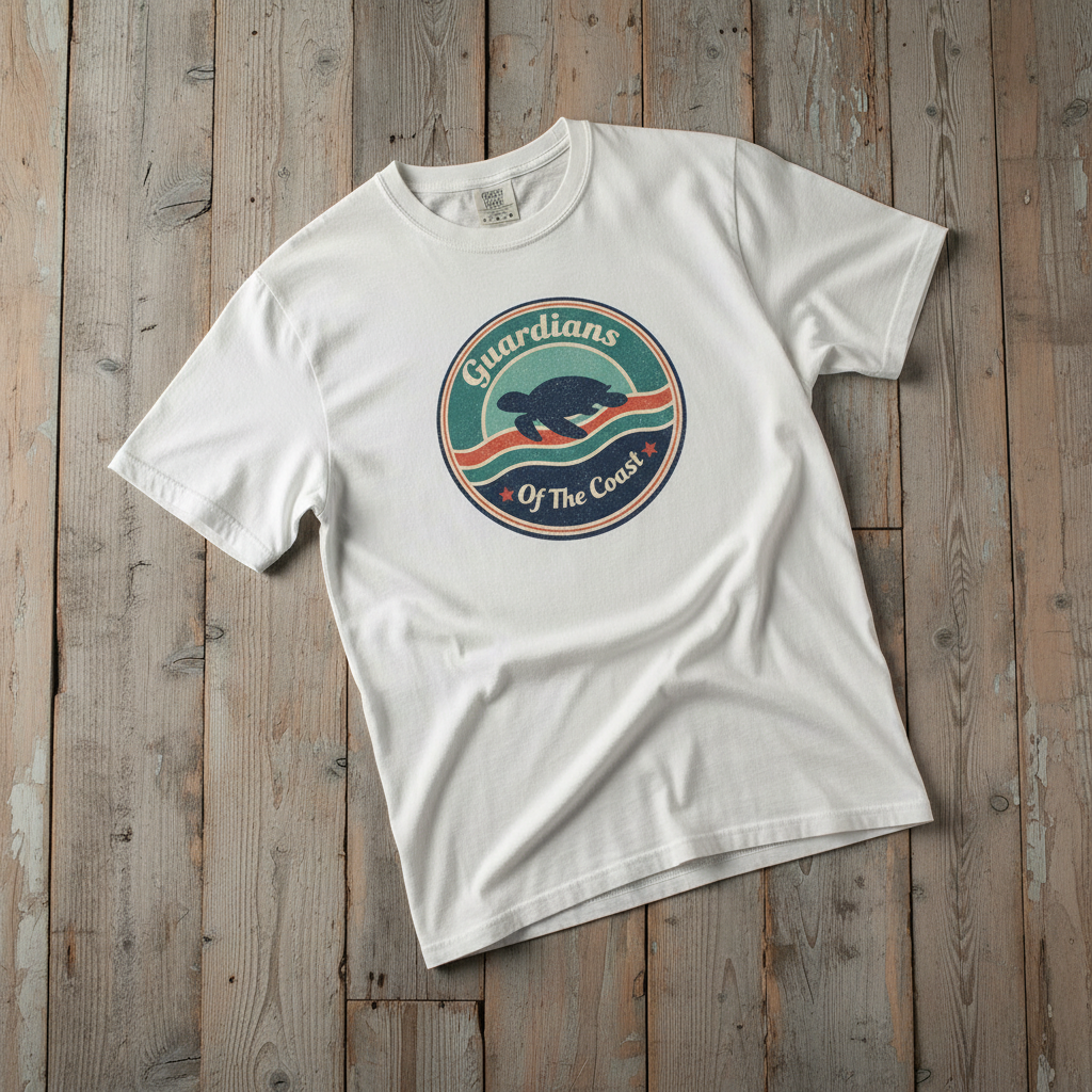Sea Turtle Guardians of the Coast white garment-dyed tee on faded driftwood planks