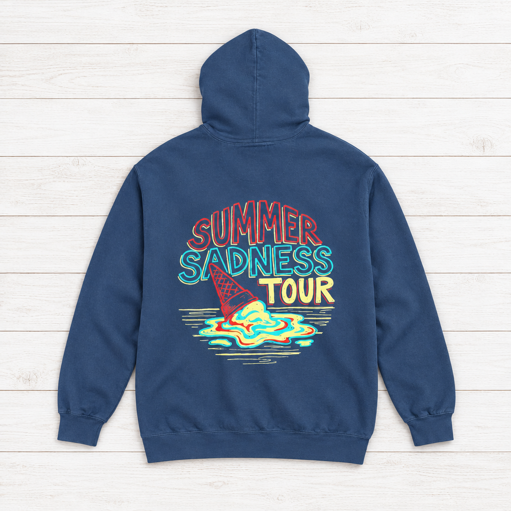 True Navy Summer Sadness Tour hoodie back flat lay on whitewashed boards