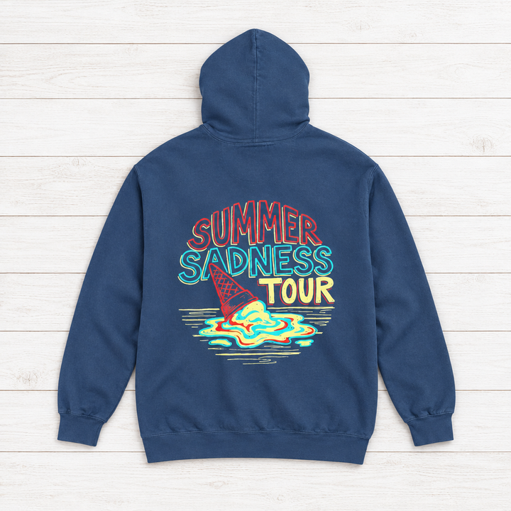 True Navy Summer Sadness Tour hoodie back flat lay on whitewashed boards