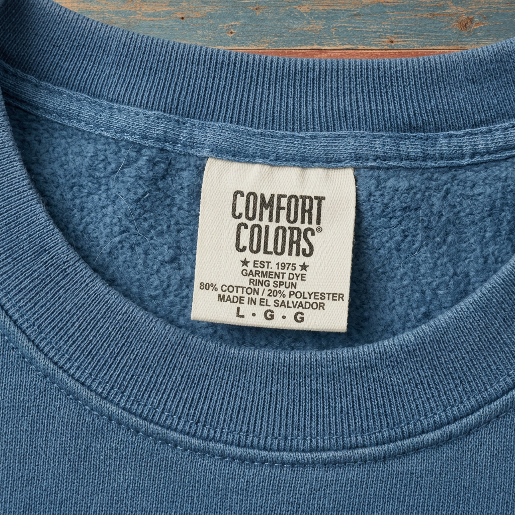 Bar Harbor Blue Jean sweatshirt collar stitching and Comfort Colors label close-up