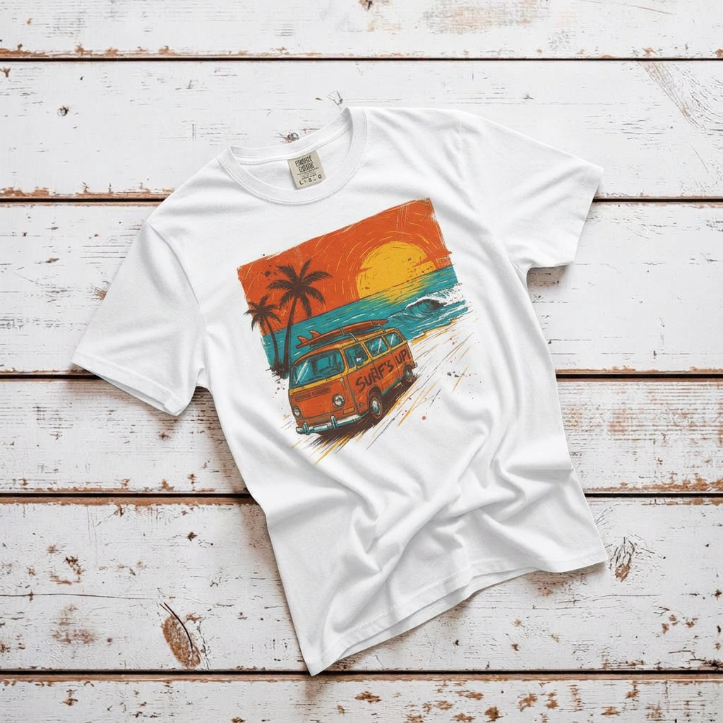 Casual Vintage Beach Van white T-shirt flat lay with orange surf van sunset graphic on weathered white wood