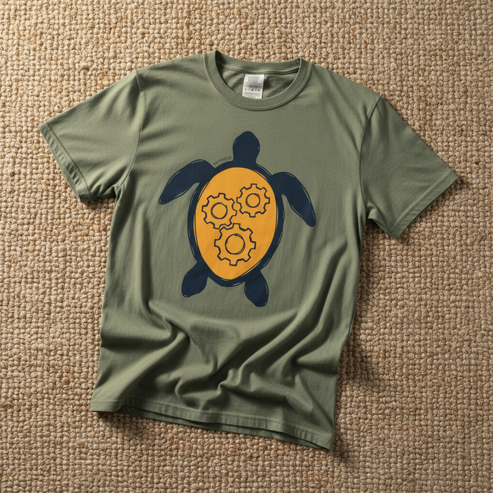 Sea Turtle Gear graphic t-shirt in Moss olive green casually tossed on a light sand-colored woven rug, coastal lifestyle product photo