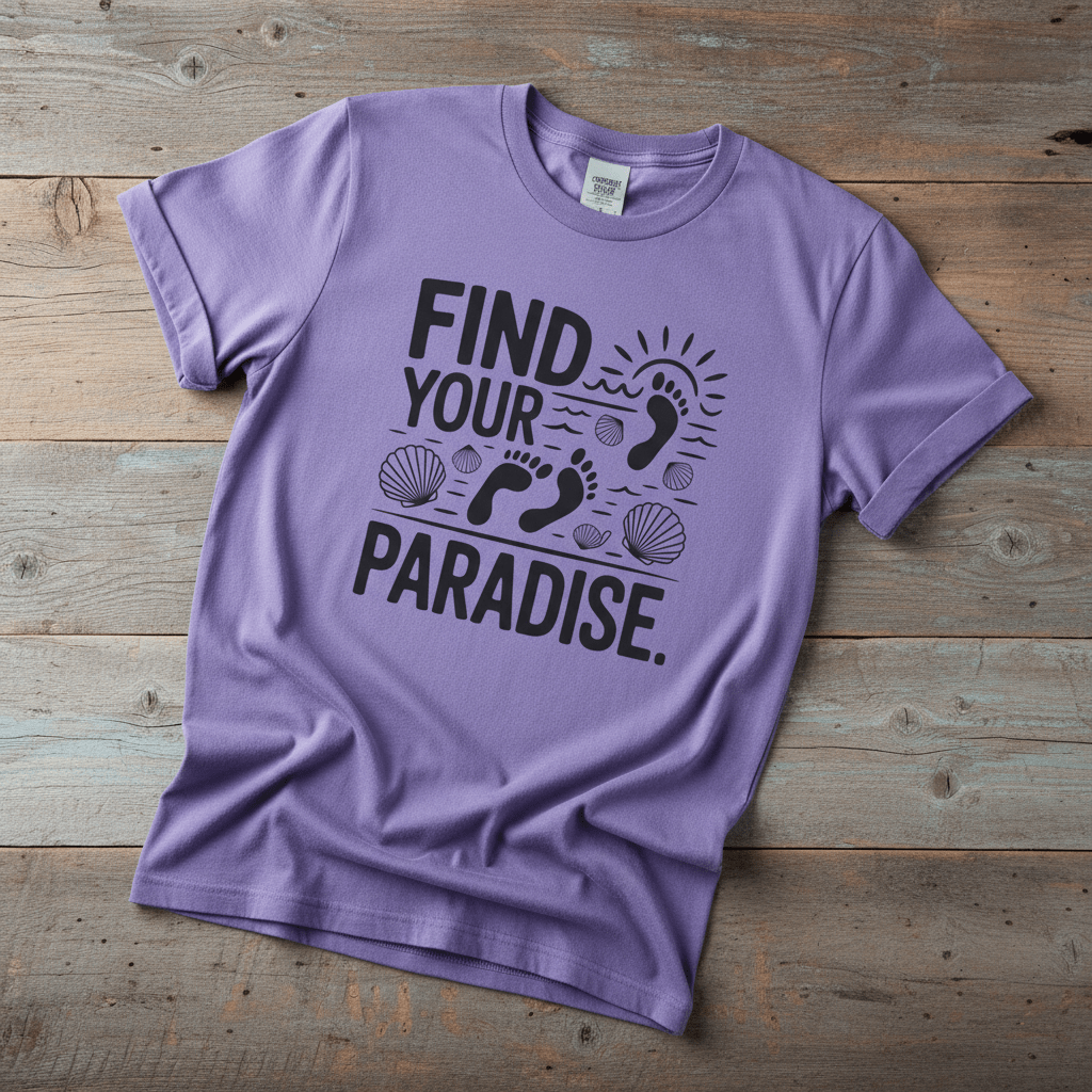 Find Your Paradise violet garment-dyed footprints tee casually tousled on rustic reclaimed wood