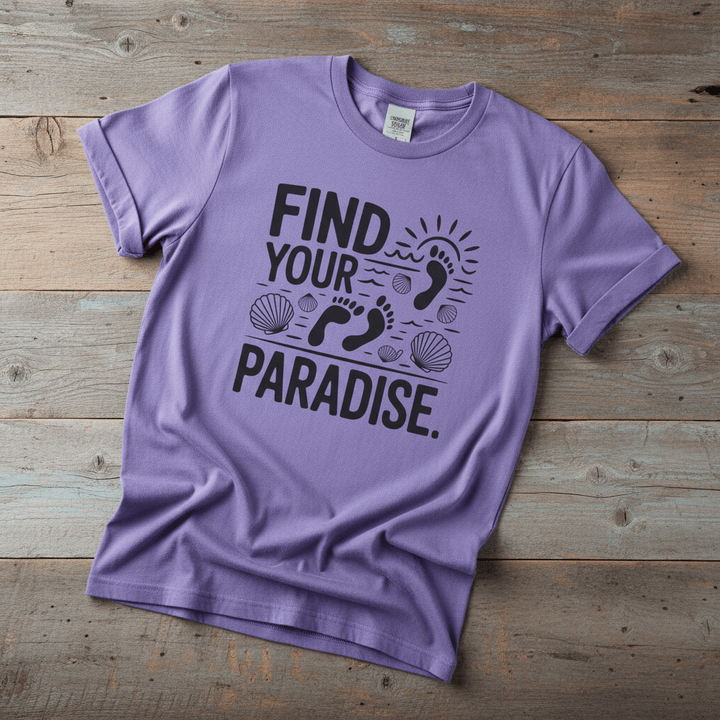 Find Your Paradise violet garment-dyed footprints tee casually tousled on rustic reclaimed wood