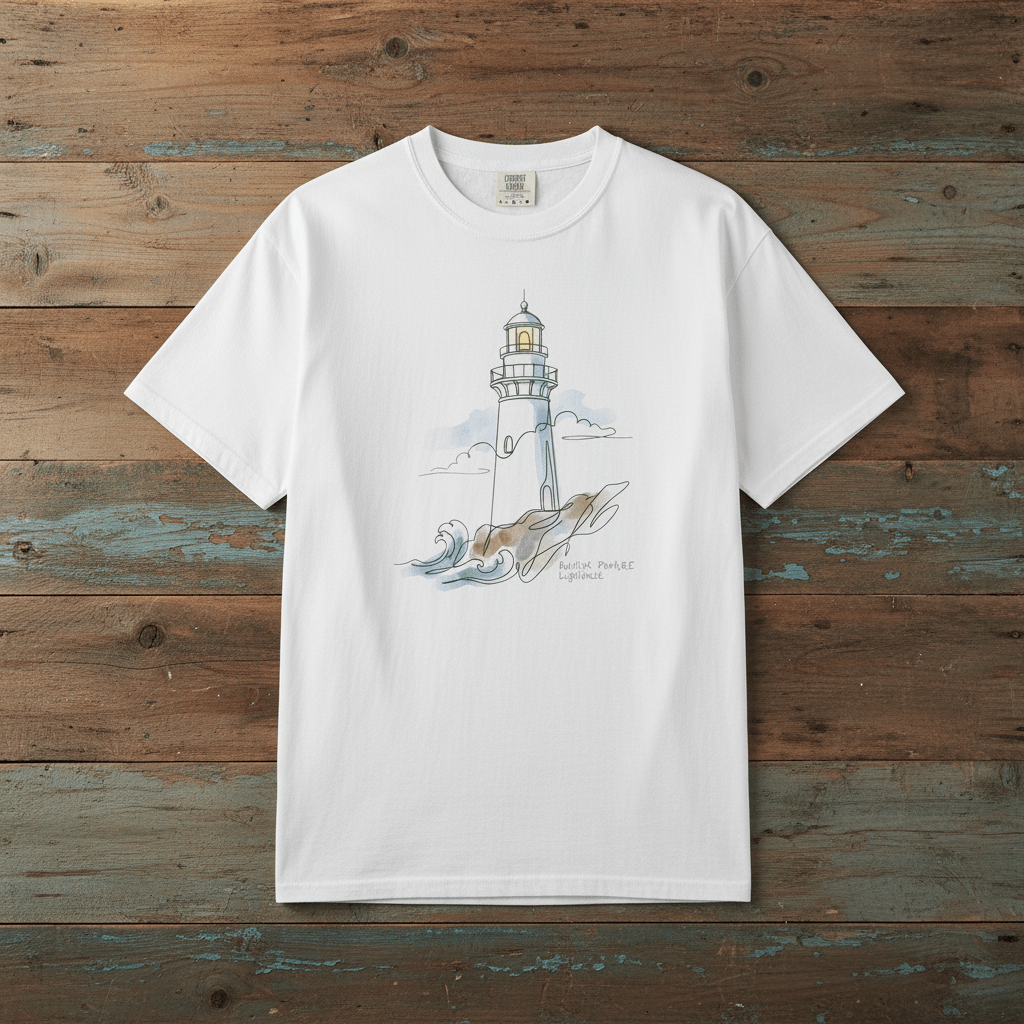 Lighthouse Sketch white garment-dyed nautical tee laid flat on rustic reclaimed wood