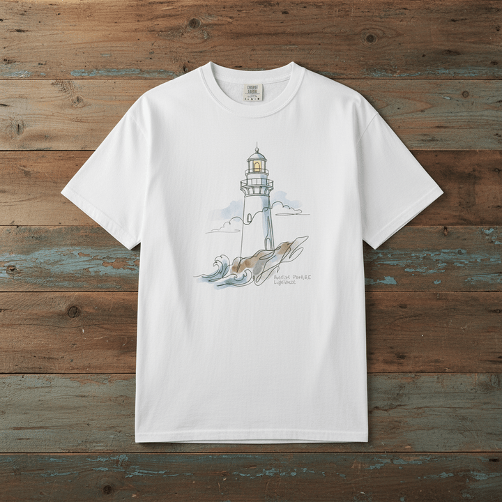 Lighthouse Sketch white garment-dyed nautical tee laid flat on rustic reclaimed wood