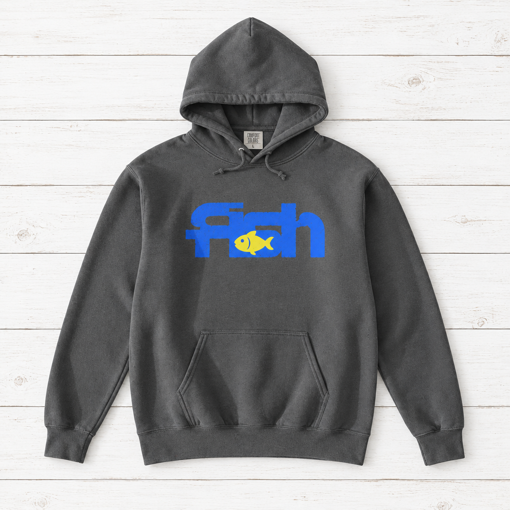 Grey Fish hoodie front flat lay on whitewashed boards