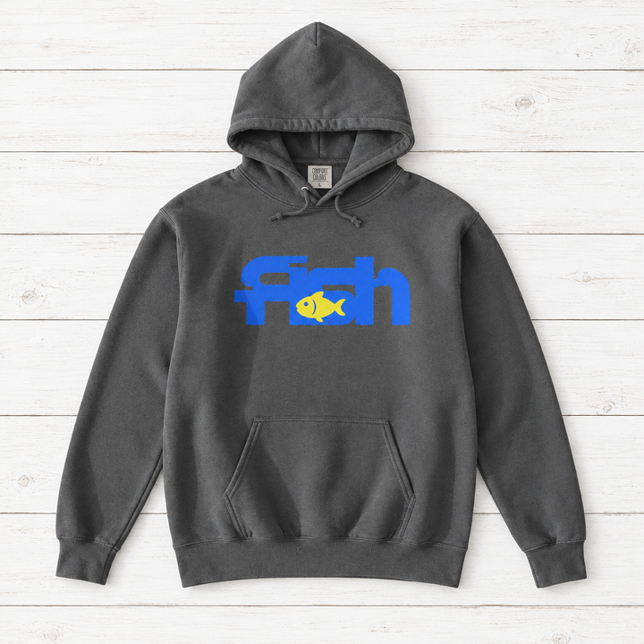 Grey Fish hoodie front flat lay on whitewashed boards