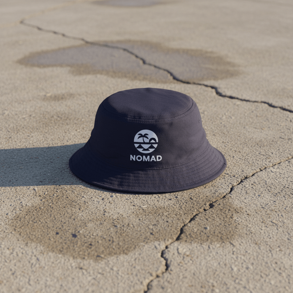 Nomad navy bucket hat on light cracked cement with wet marks