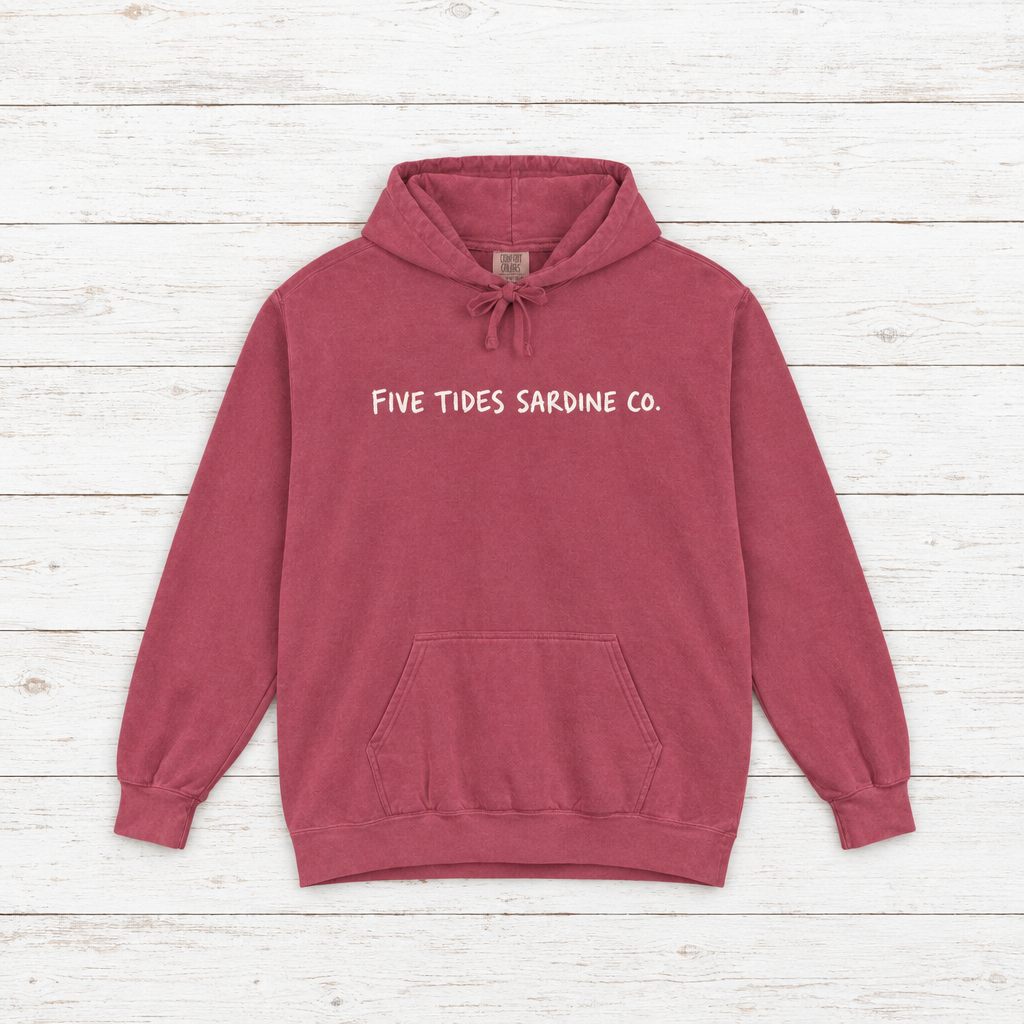 Five Tides Sardine Co. hoodie flat lay on whitewashed boards