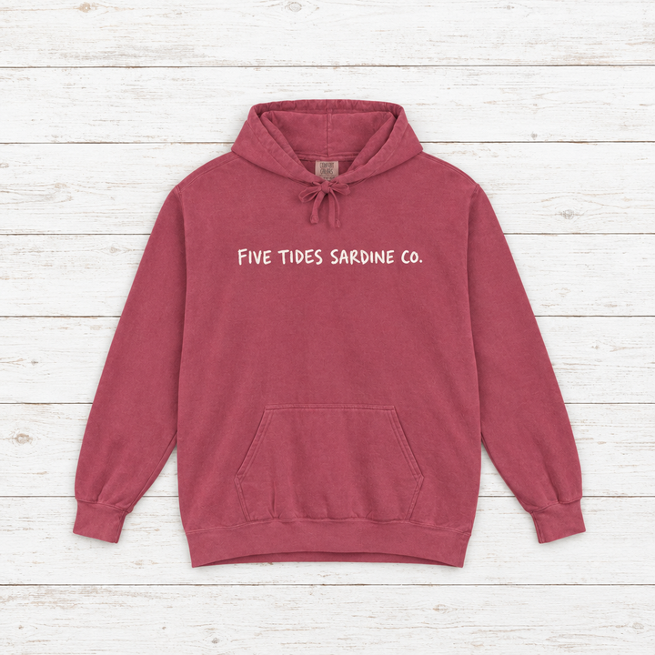 Five Tides Sardine Co. hoodie flat lay on whitewashed boards