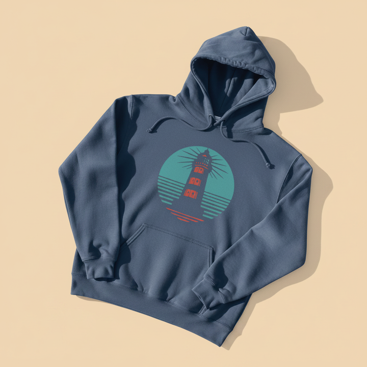Coastal Lighthouse Hoodie in Denim — front graphic, warm sand studio background