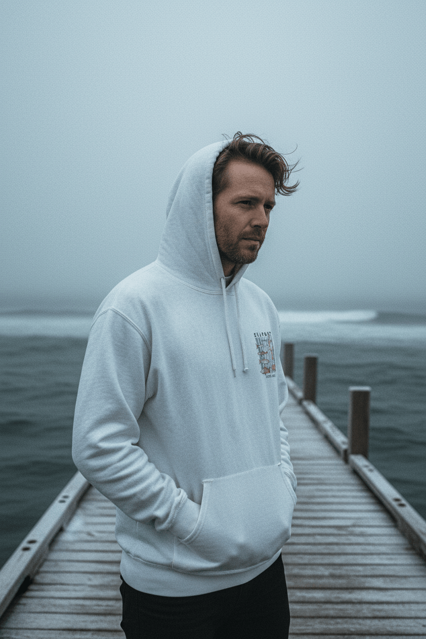 Male model wearing white Seaport Fish Market Boston hoodie on frost-dusted bleached wood boat dock