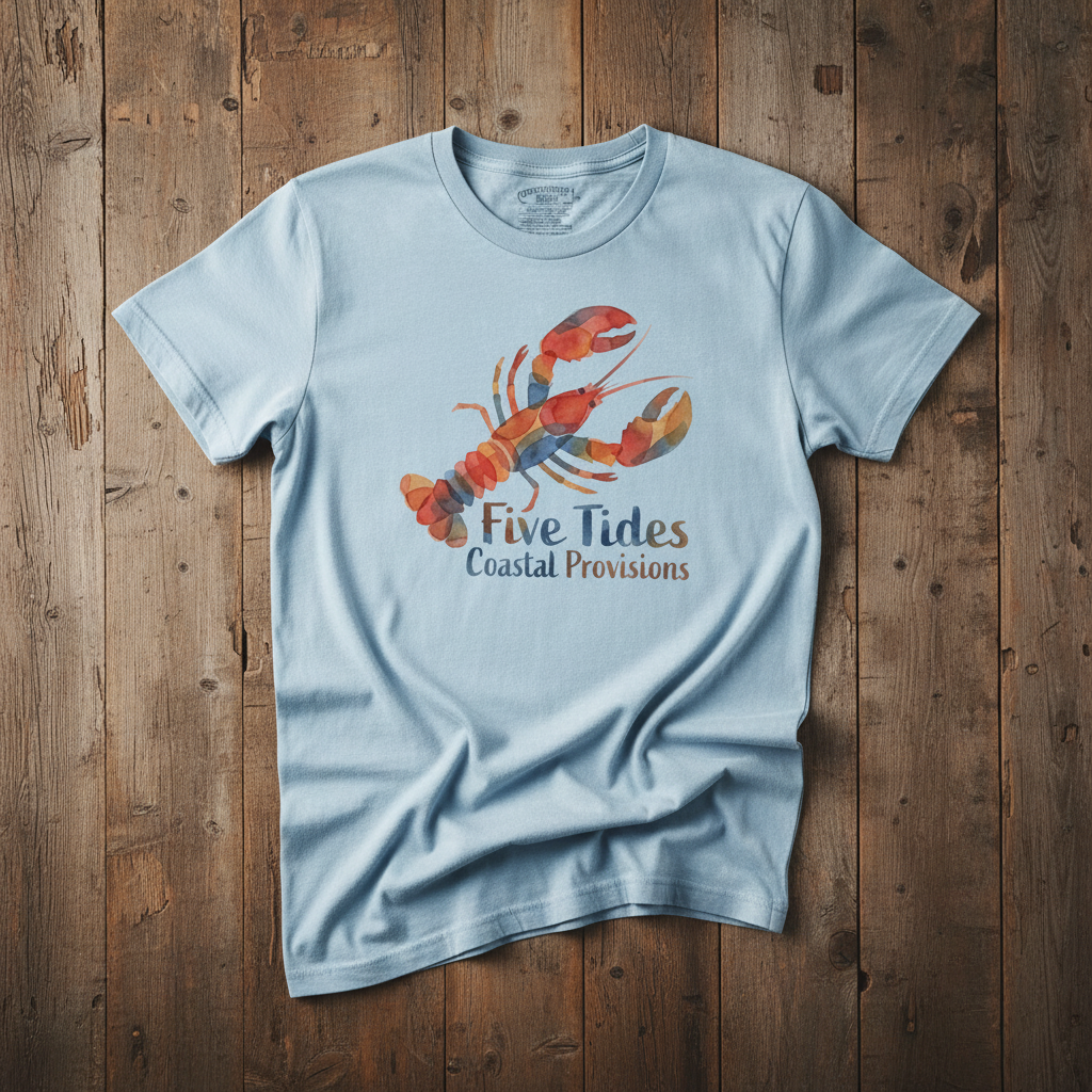 Watercolor Lobster chambray garment-dyed tee casually tousled on rustic reclaimed wood
