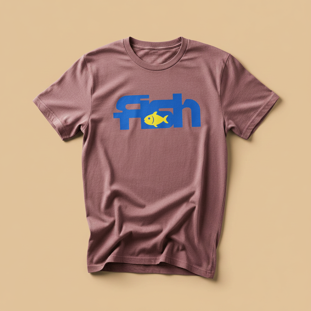 Fish Tee in Brick — front graphic, warm sand studio background