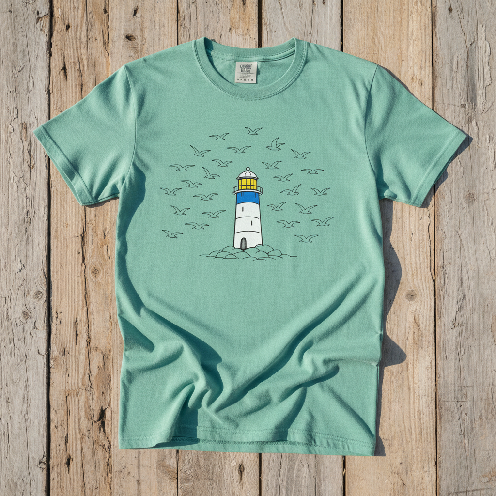 Lighthouse Coastal island reef garment-dyed tee on faded driftwood planks