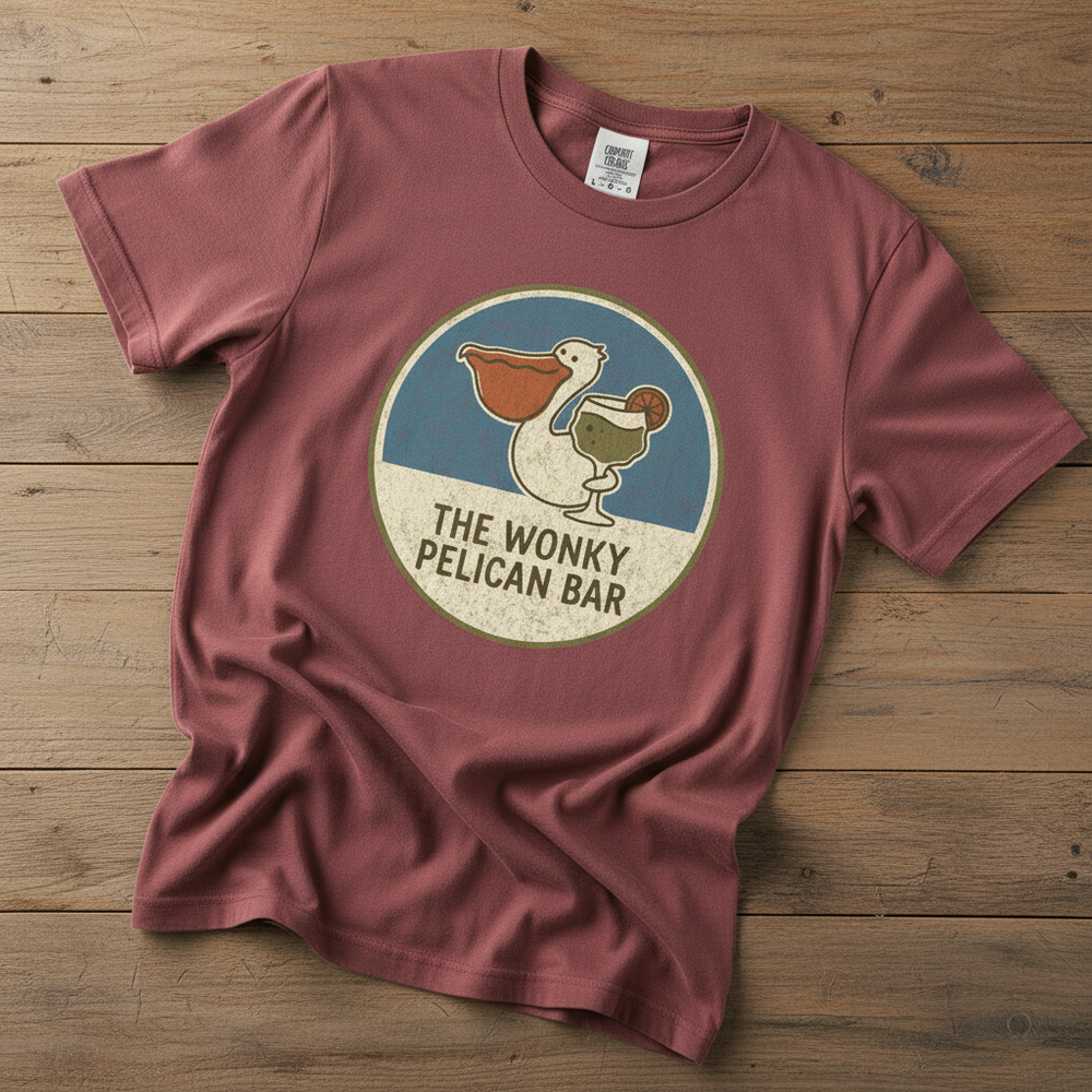 Wonky Pelican Bar brick garment-dyed tee on weathered wood planks