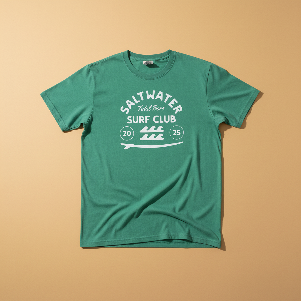 Saltwater Surf Club Tee in Island Green — front graphic, warm sand studio background