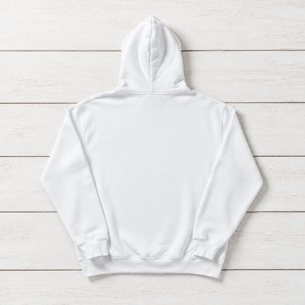 White Fish hoodie back flat lay on whitewashed boards