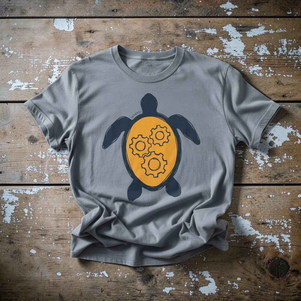 Sea Turtle Gear graphic t-shirt in Blue Jean casually tossed on a light sand-colored woven rug, coastal lifestyle product photo