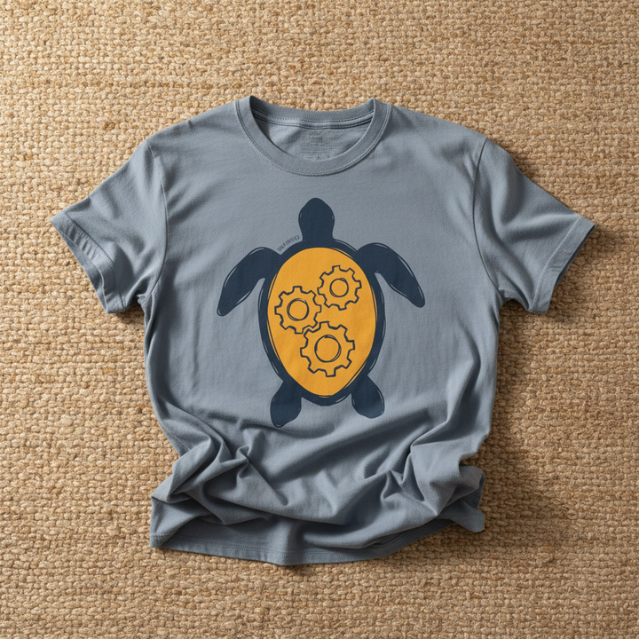 Sea Turtle Gear graphic t-shirt in Blue Jean casually tossed on a light sand-colored woven rug, coastal lifestyle product photo