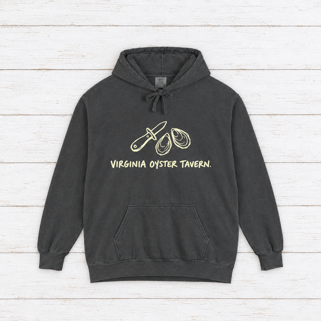 Virginia Oyster Tavern hoodie flat lay on whitewashed boards